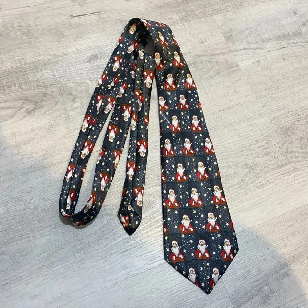 Christmas Holiday Santa Neck Tie 56" Navy Red Gold - Picture 2 of 8